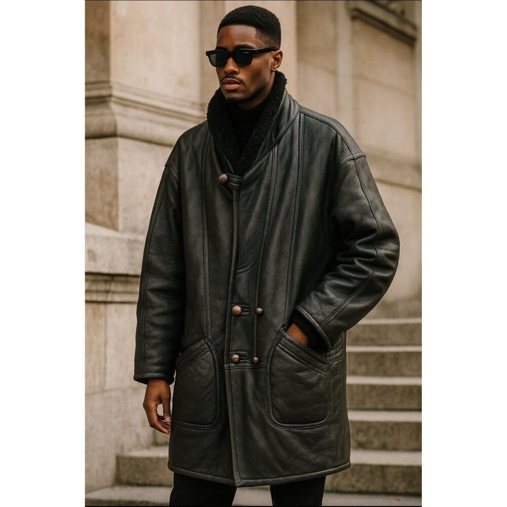 Men's Long Black Leather Shearling Coat  Vintage Double-Breasted Winter Jacket L